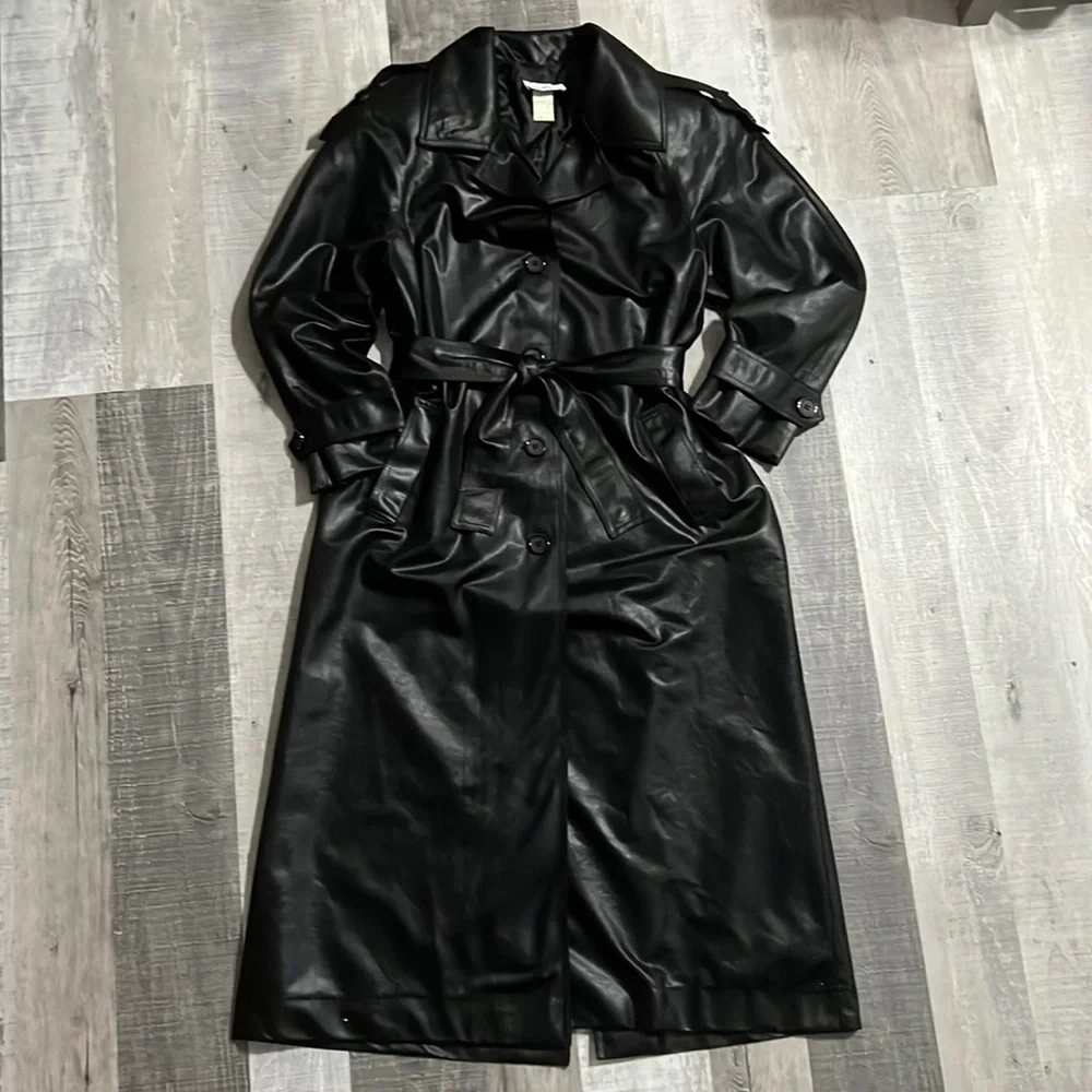 Vintage Robbie Sport Black Shimmery Trench Coat Shoulder Pads Epaulets women’s 6 - Picture 2 of 8